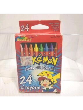 VTG Pokemon Ash & Pikachu 24 Crayons Box RoseArt 1999 Nice Condition New Crayons